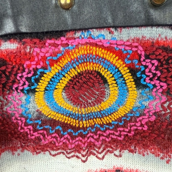 Goa Chic Artsy Red Black Faux Leather Polka Dot Embroidered Detail XL Sweater - Picture 6 of 12